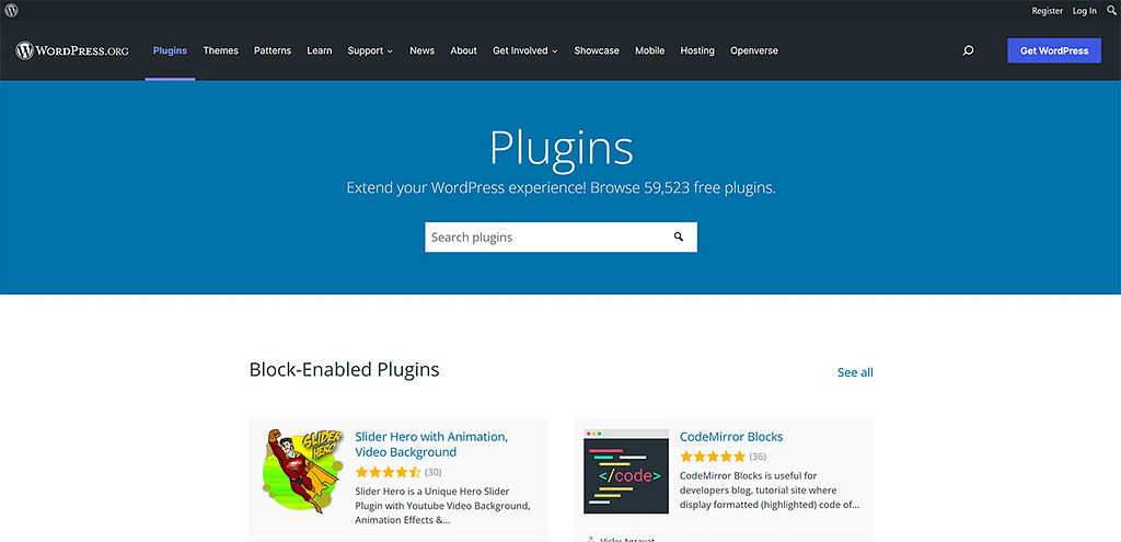 A screenshot of WordPress' plugin repository.
