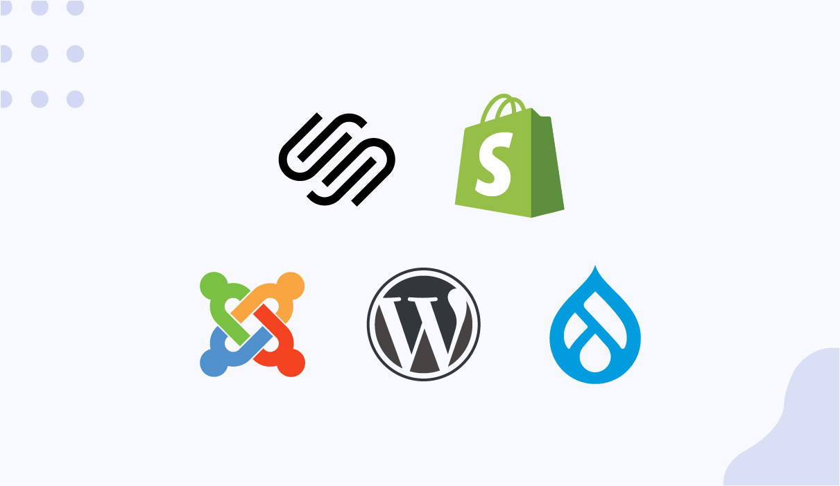 A banner styled in Barb & Carole's brandiwing showing CMSs logos: SquareSpace, Shopify, Joomla, WordPress and Drupal.